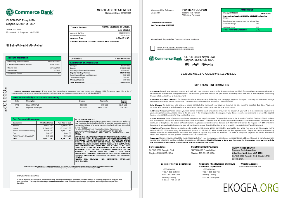 Relevé hypothécaire de la banque USA Commerce aux formats Word et PDF 1 , 2